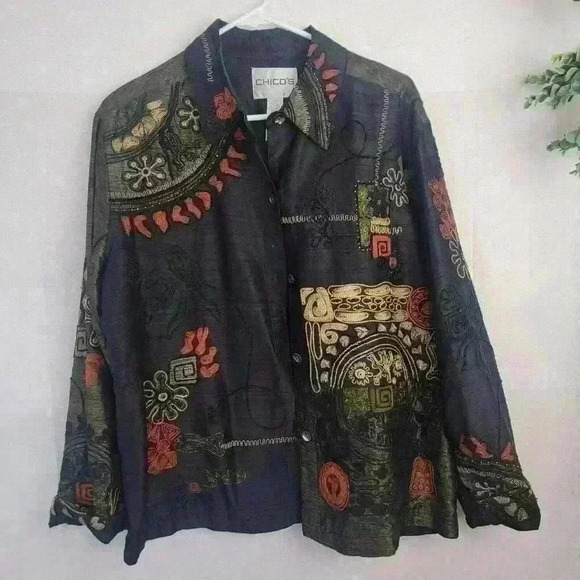 Chico's Jackets & Blazers - Vtg Chicos 3 Black Brown Silk Embroidered Asian Symbols Button Jacket Size XL